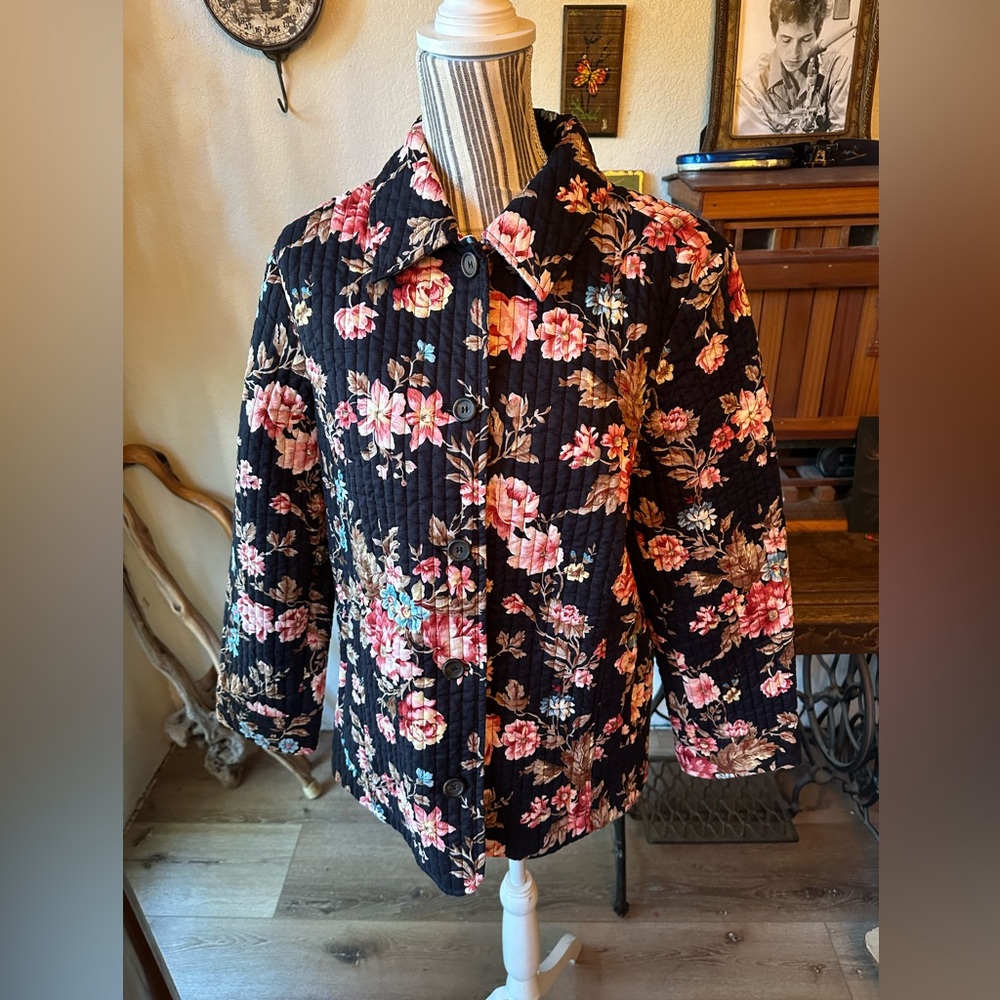 Charter Club Black Floral Quilted Jacket